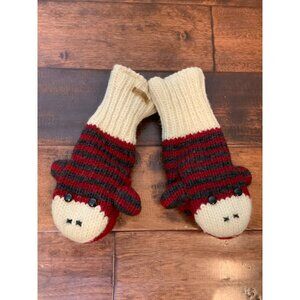 DELUX Cream, Red & Gray Stripe Knit Monkey Wool Winter Mittens